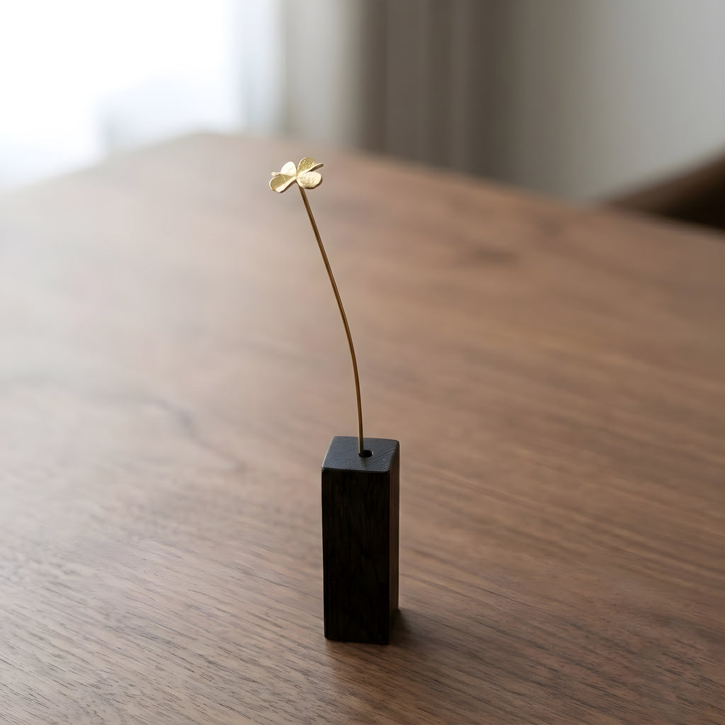 Brass Four Leaf Clover Mini Sculpture with Wooden Vase