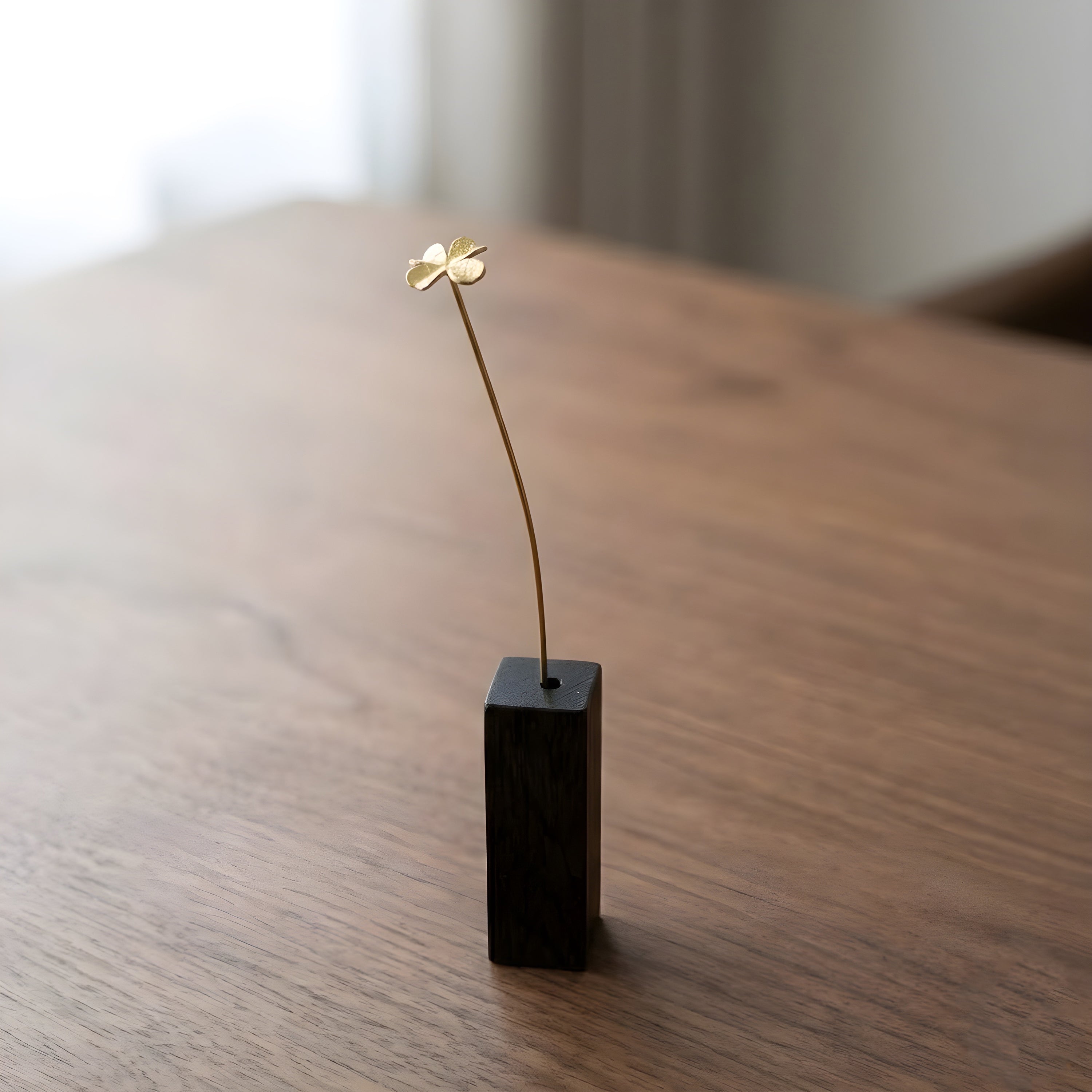 Brass Four Leaf Clover Mini Sculpture with Wooden Vase
