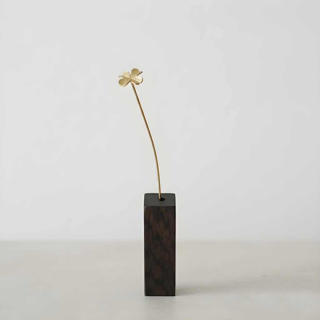 Brass Four Leaf Clover Mini Sculpture with Wooden Vase