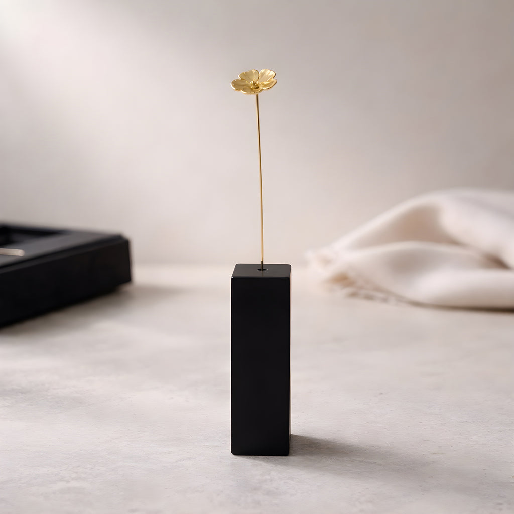 Hibiscus Motif Brass Mini Object with Wooden Vase