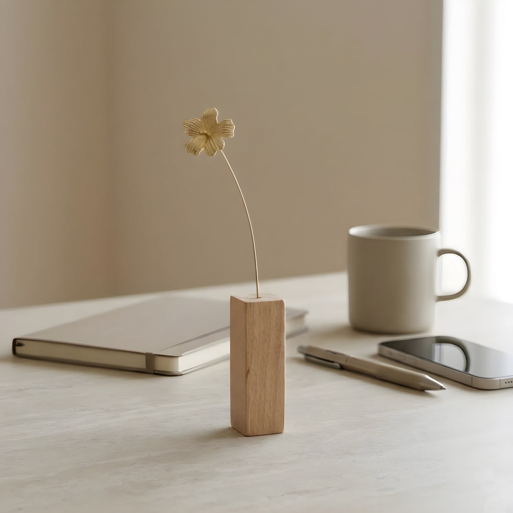 Hibiscus Motif Brass Mini Object with Wooden Vase