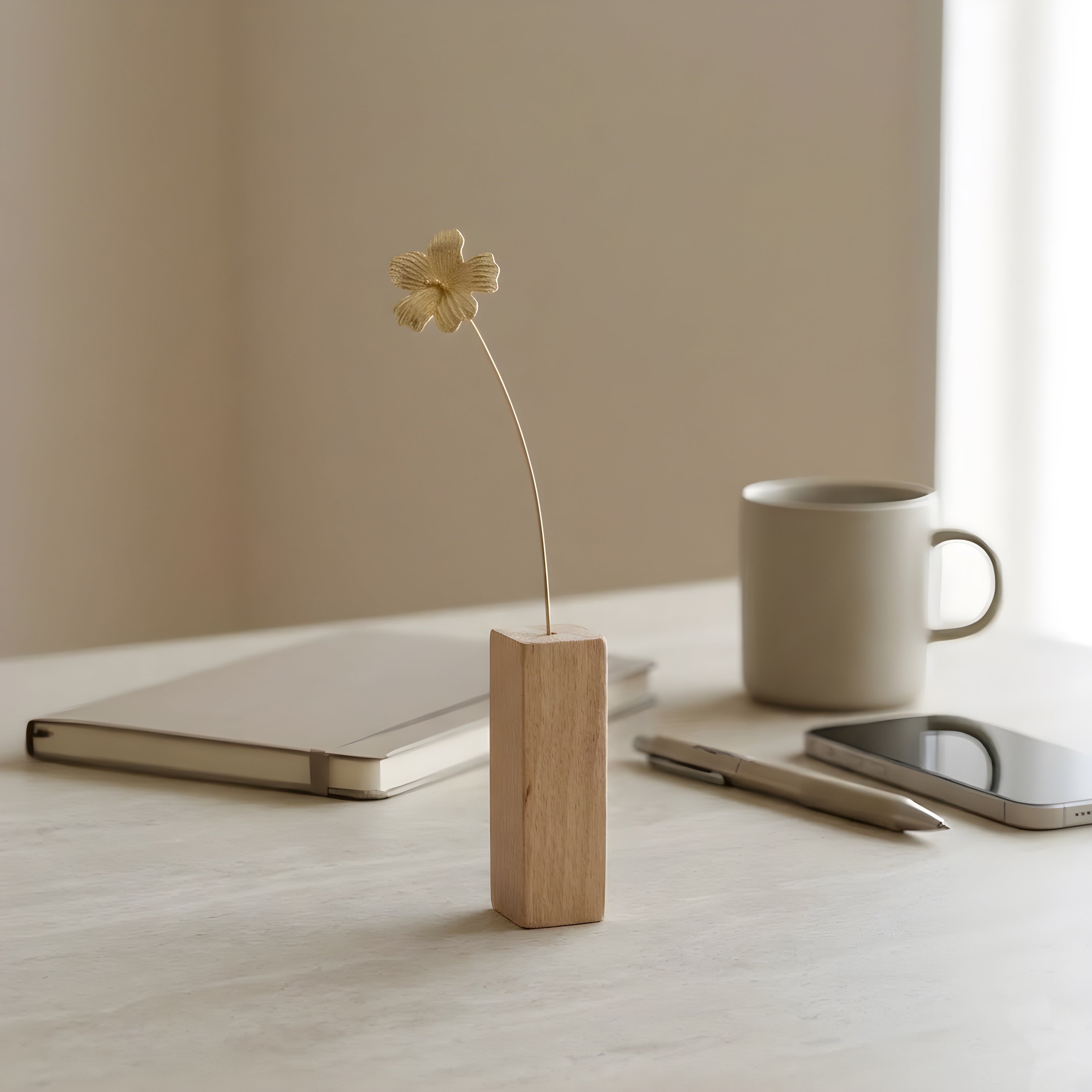 Hibiscus Motif Brass Mini Object with Wooden Vase