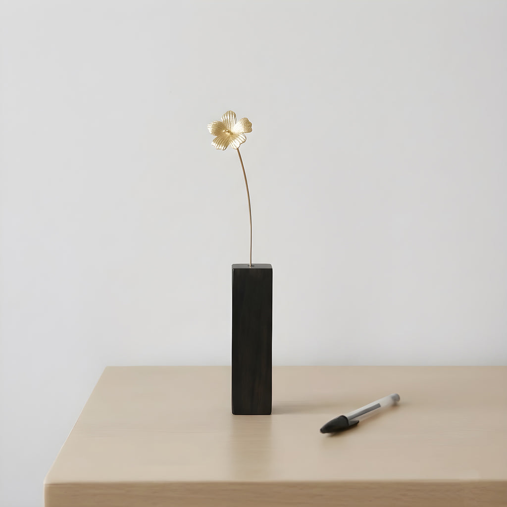 Hibiscus Motif Brass Mini Object with Wooden Vase