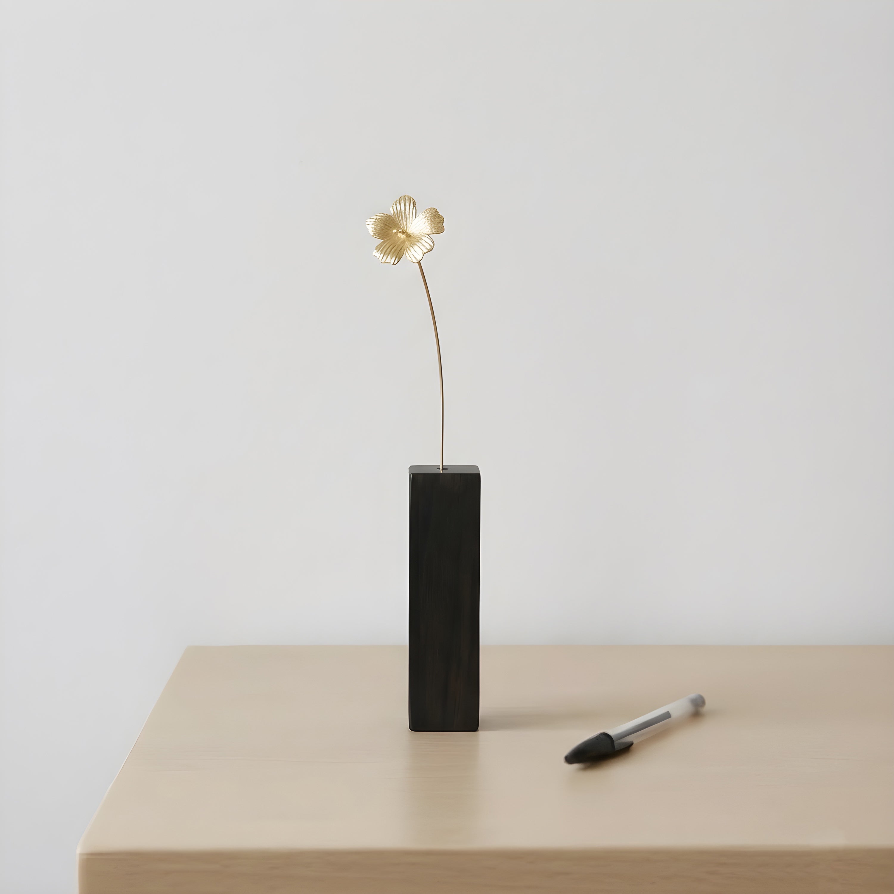 Hibiscus Motif Brass Mini Object with Wooden Vase