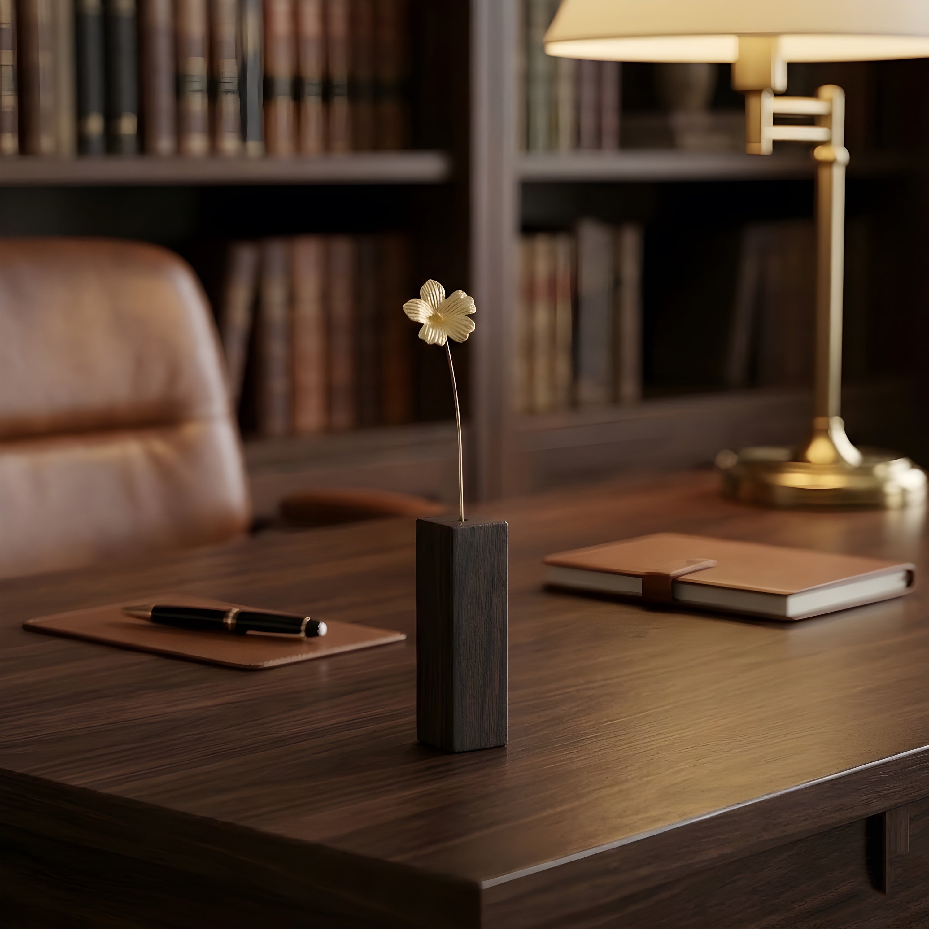 Hibiscus Motif Brass Mini Object with Wooden Vase