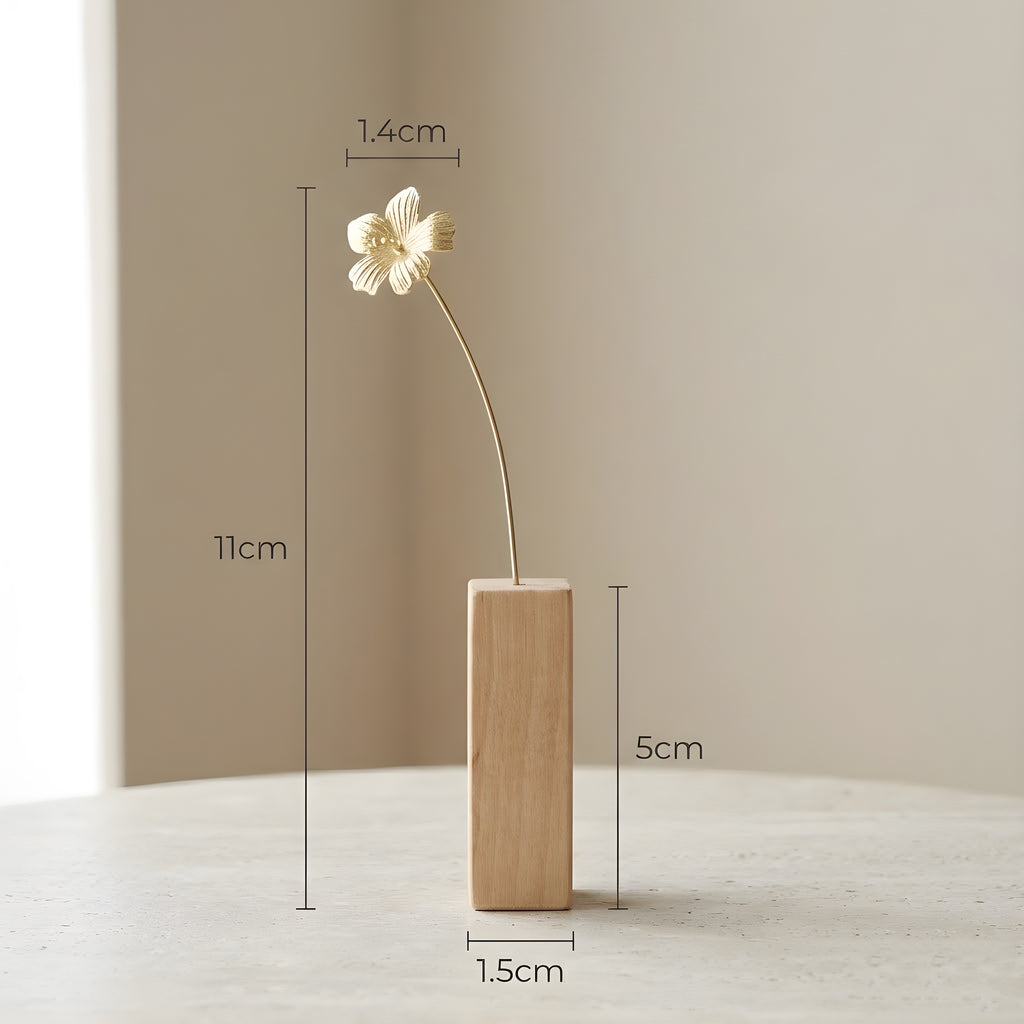 Hibiscus Motif Brass Mini Object with Wooden Vase