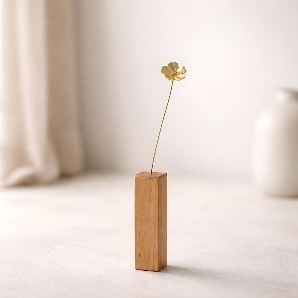 Hibiscus Motif Brass Mini Object with Wooden Vase