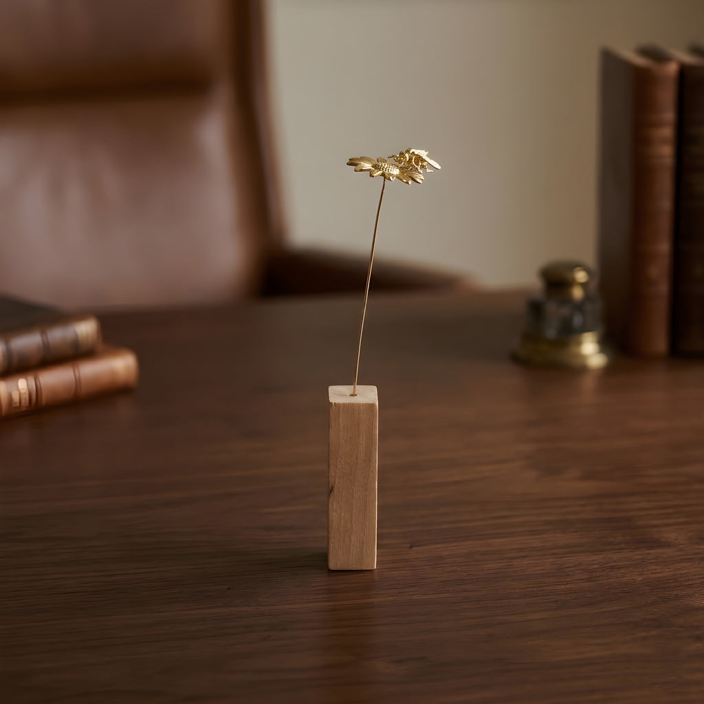 Sunflower & Bee Motif Brass Mini Object with Wooden Vase