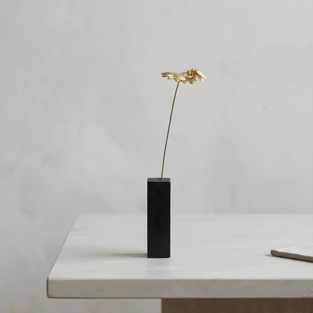 Sunflower & Bee Motif Brass Mini Object with Wooden Vase