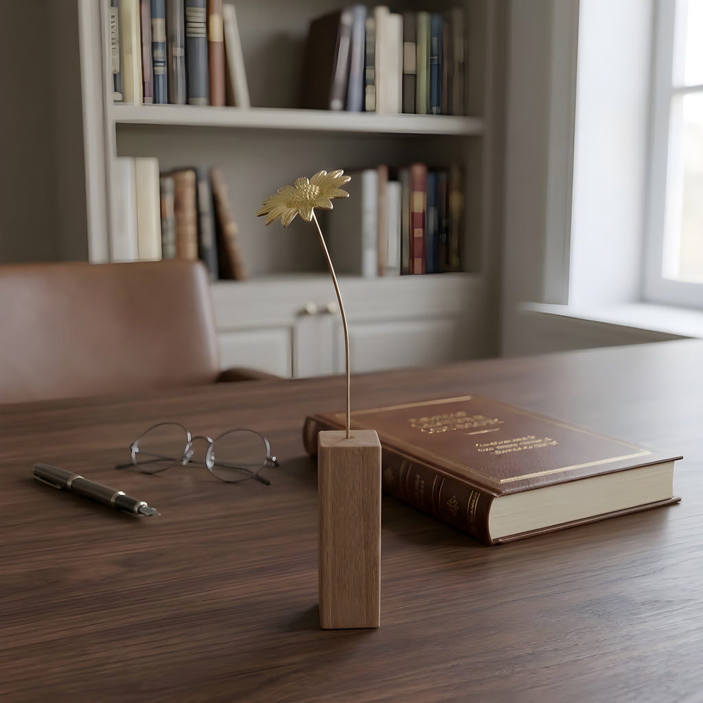 Sunflower Motif Brass Mini Object with Wooden Vase