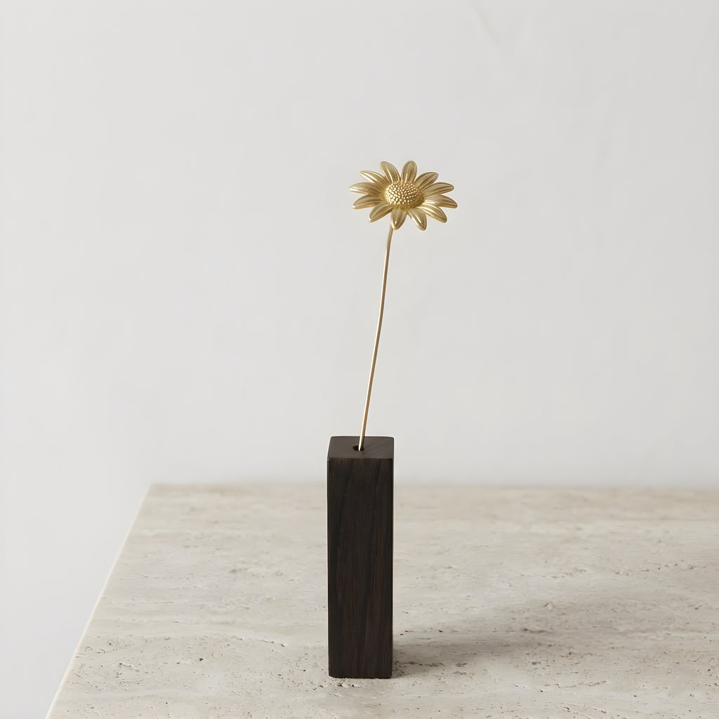 Sunflower Motif Brass Mini Object with Wooden Vase