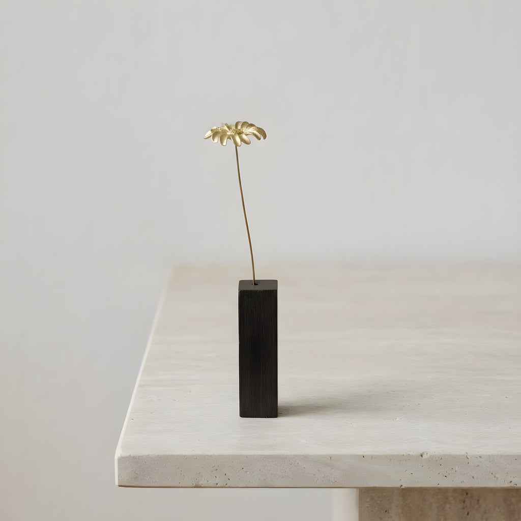 Marguerite Daisy Motif Brass Mini Object with Wooden Vase
