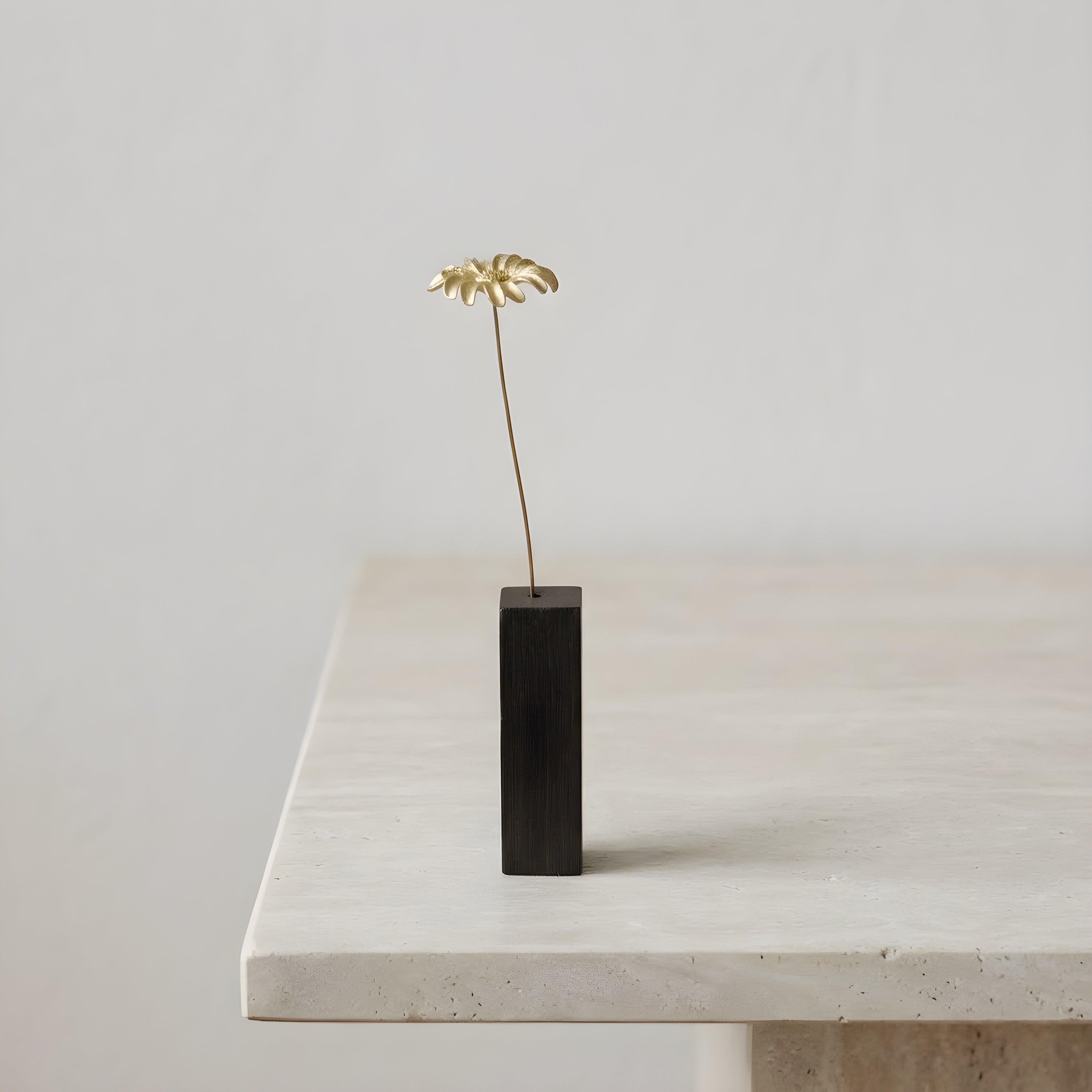 Marguerite Daisy Motif Brass Mini Object with Wooden Vase