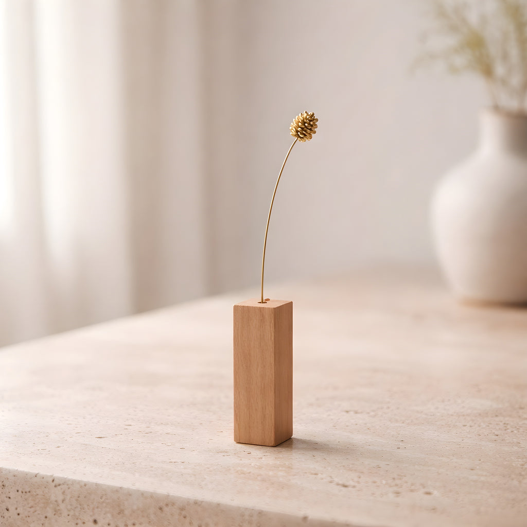 Brass Pinecone Mini Sculpture (Medium) with Wooden Vase