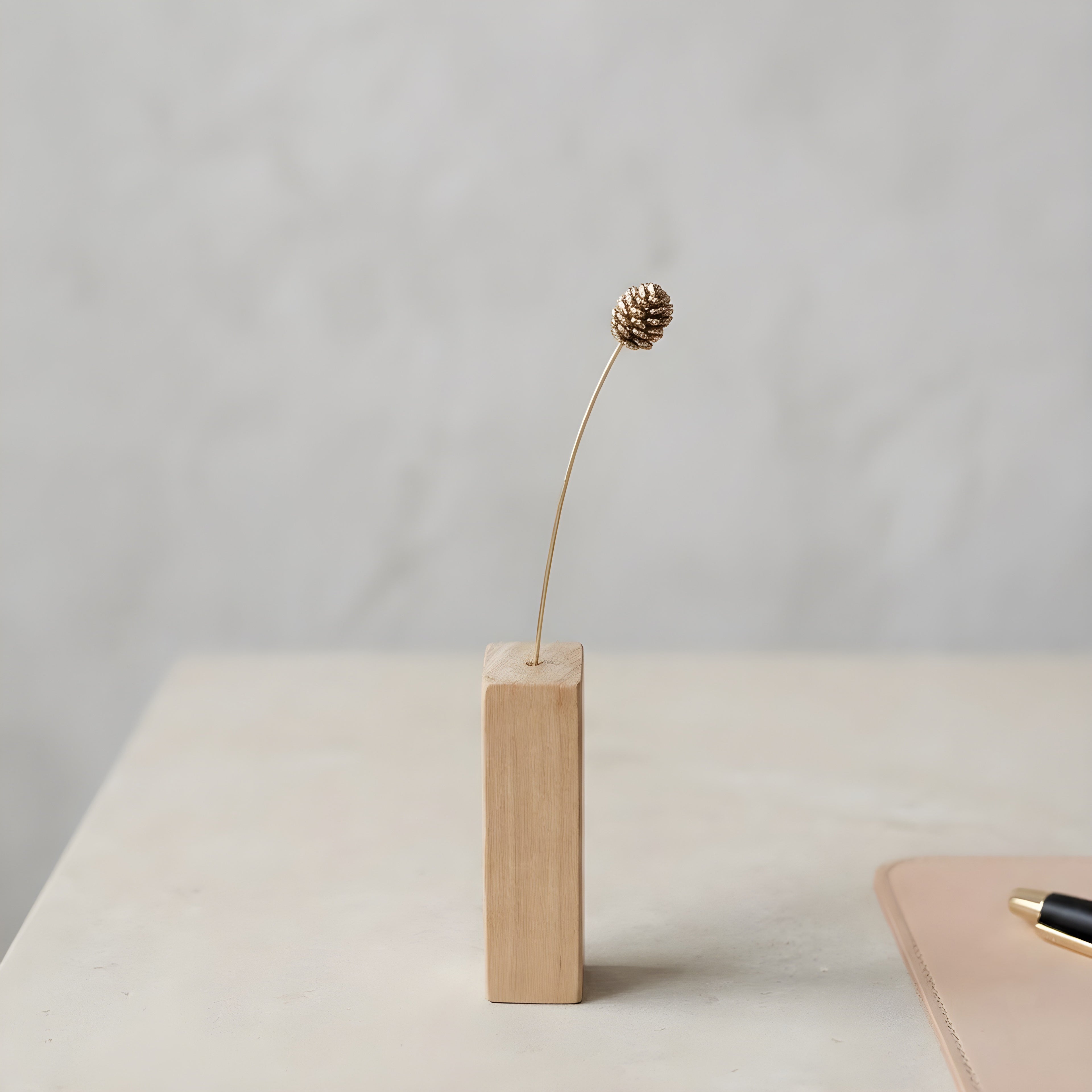 Brass Pinecone Mini Sculpture (Medium) with Wooden Vase