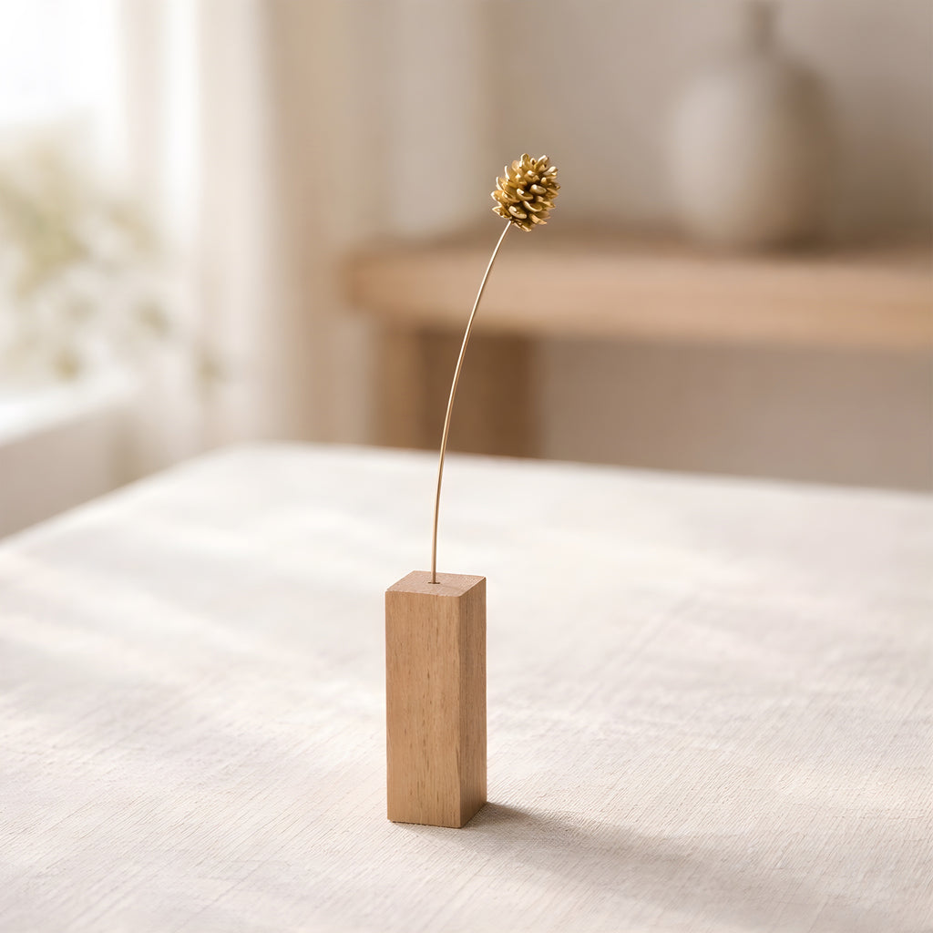 Brass Pinecone Mini Sculpture (Medium) with Wooden Vase