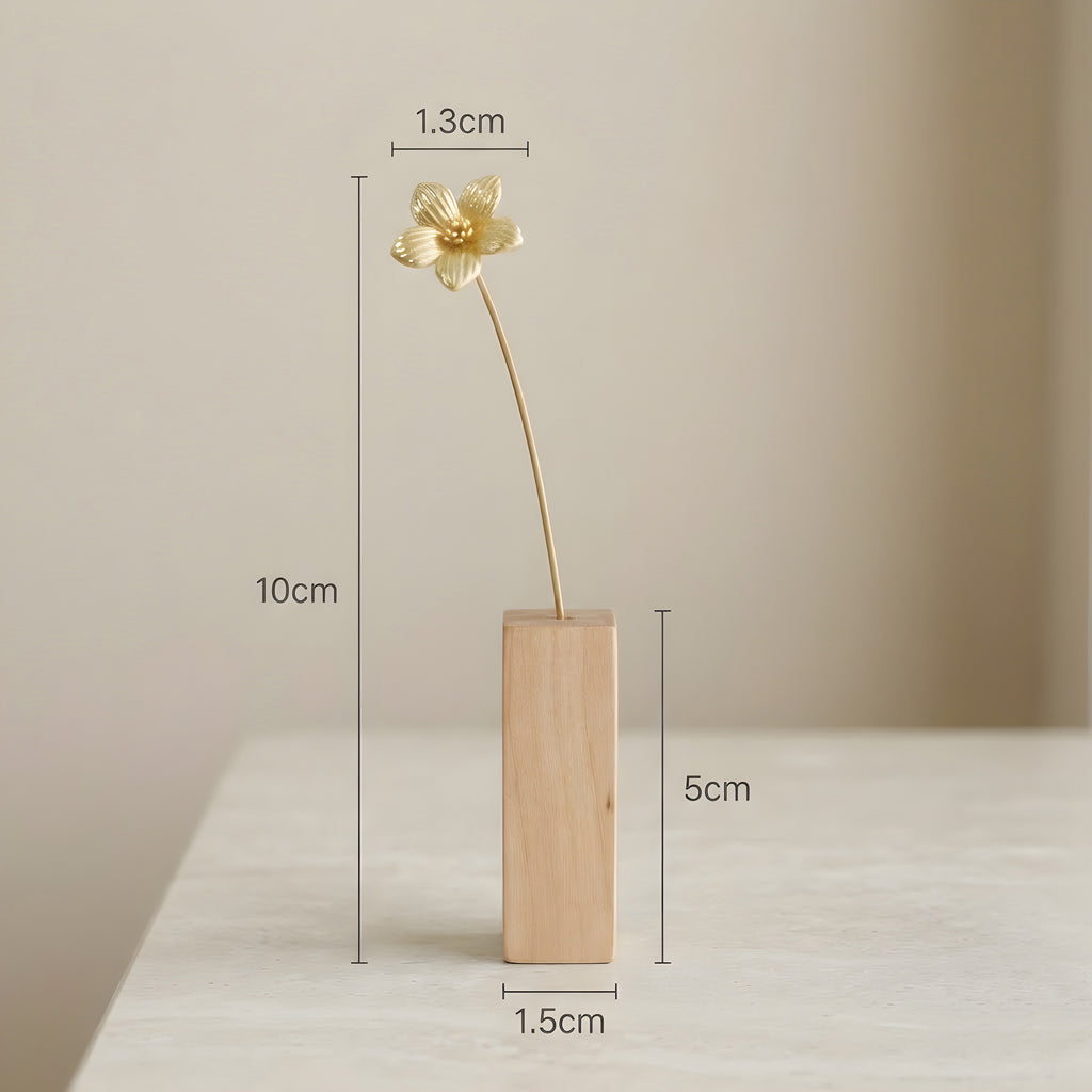Brass Wild Cherry Primrose Mini Sculpture with Wooden Vase