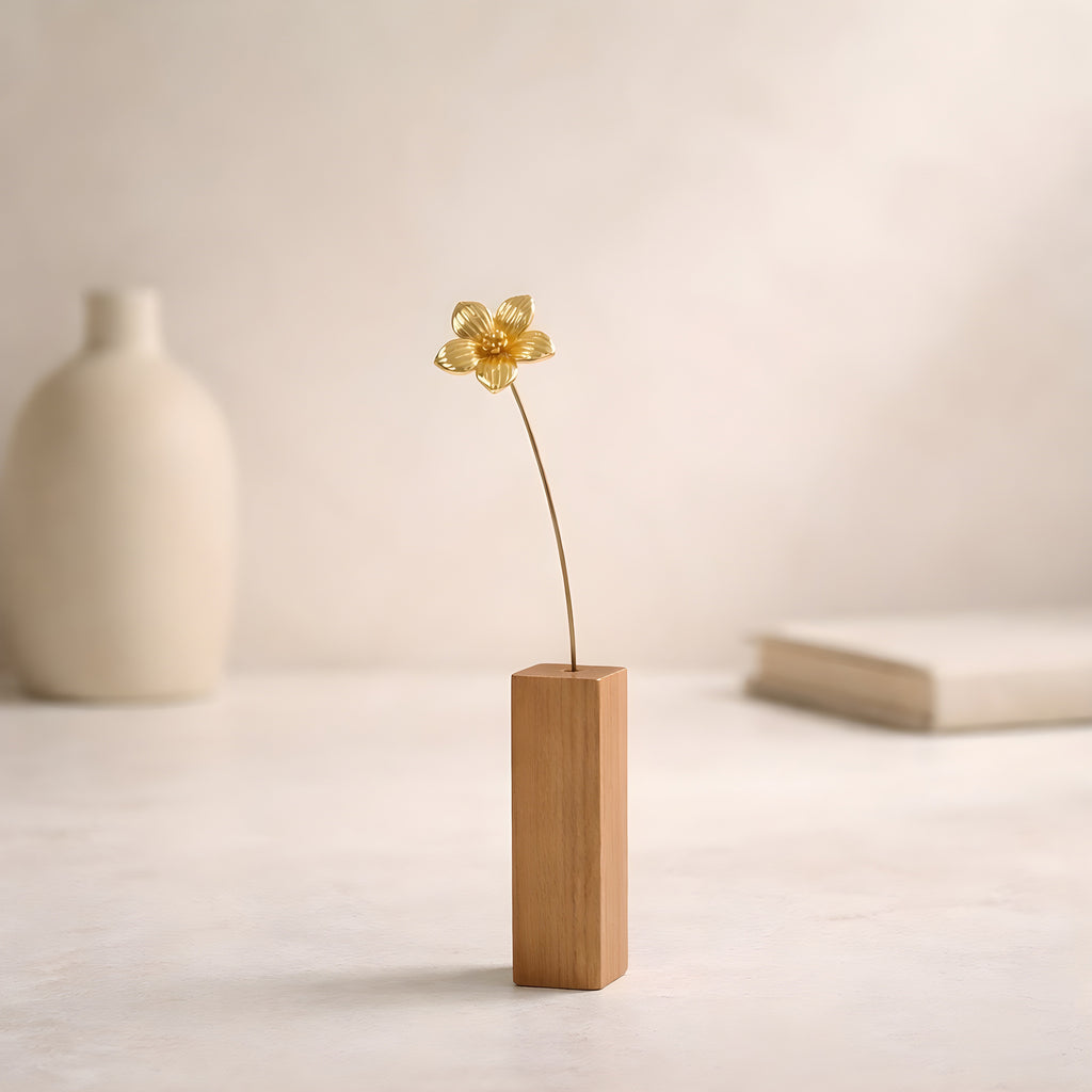 Brass Wild Cherry Primrose Mini Sculpture with Wooden Vase