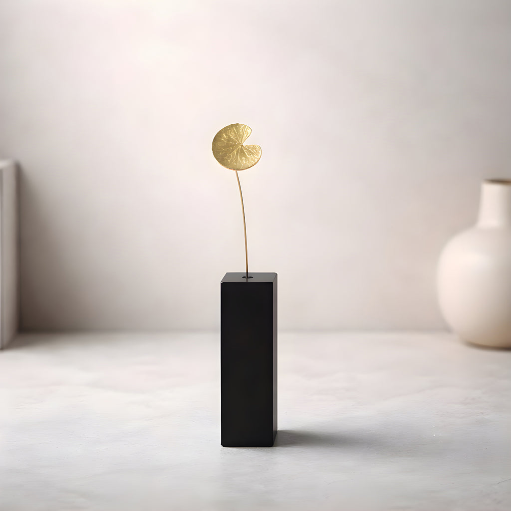 Brass Water Lily Leaf Mini Sculpture with Wooden Vase