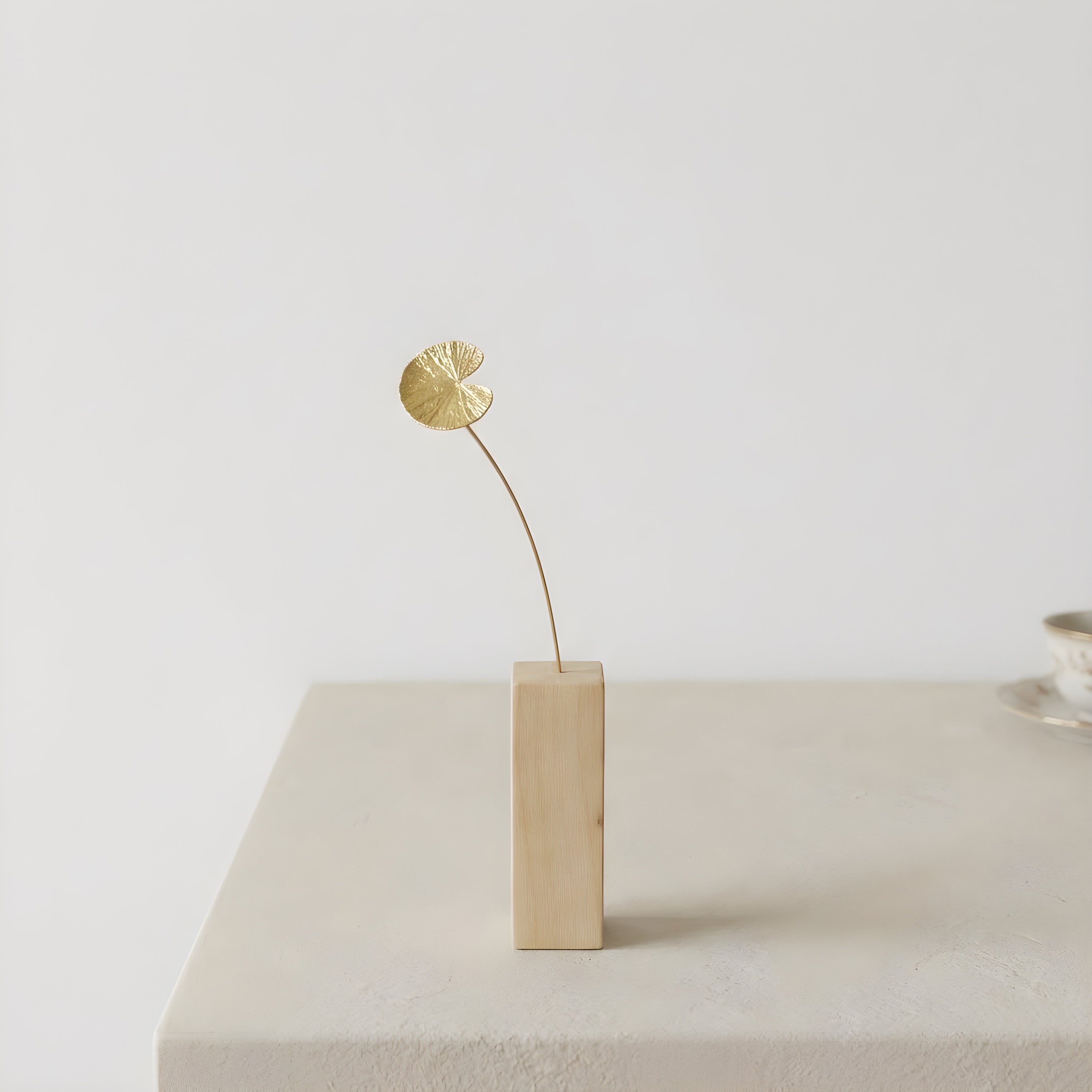 Brass Water Lily Leaf Mini Sculpture with Wooden Vase