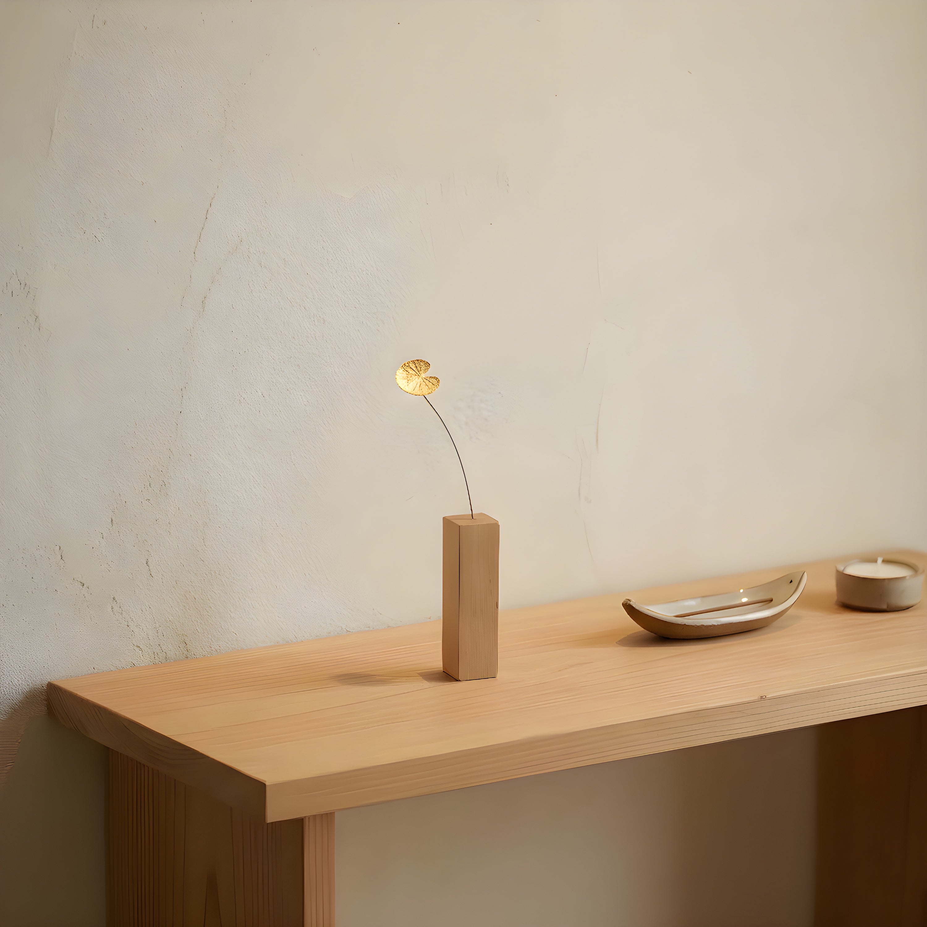 Brass Water Lily Leaf Mini Sculpture with Wooden Vase