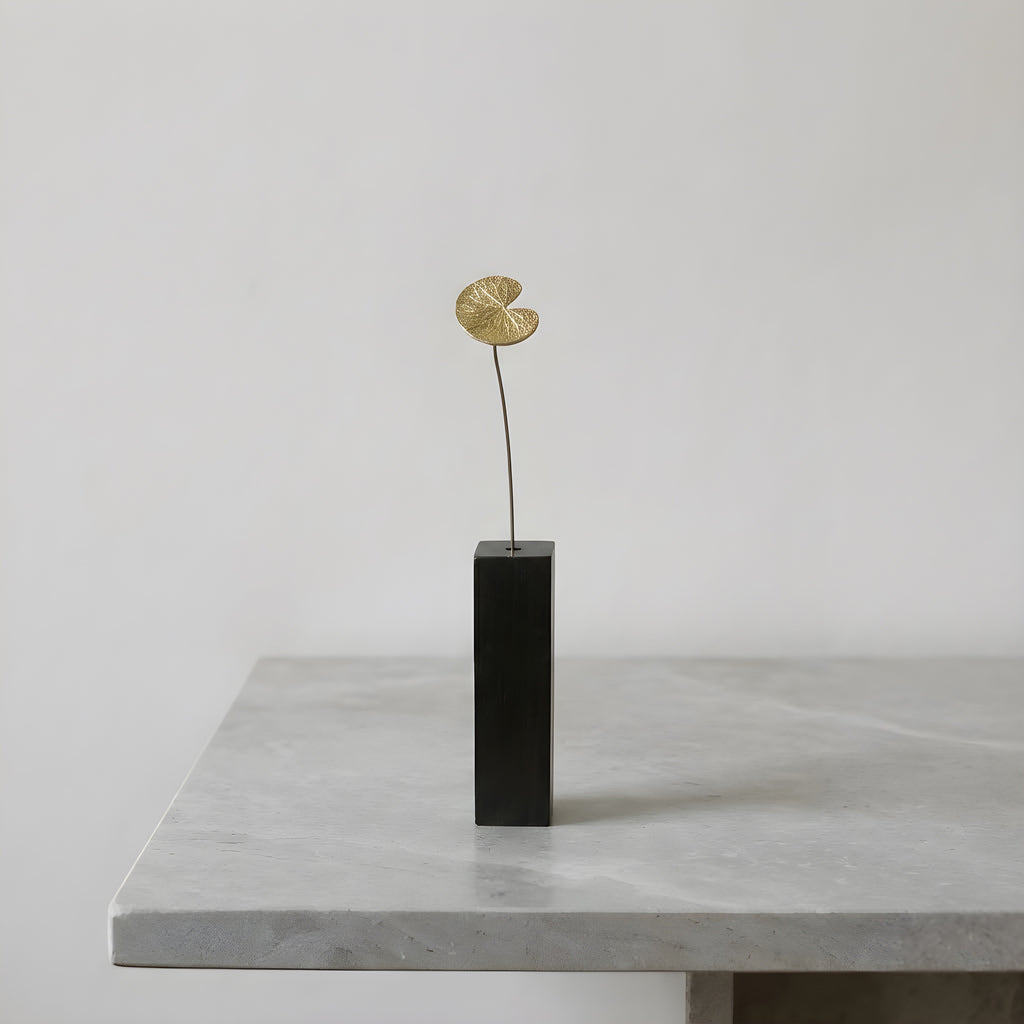 Brass Water Lily Leaf Mini Sculpture with Wooden Vase