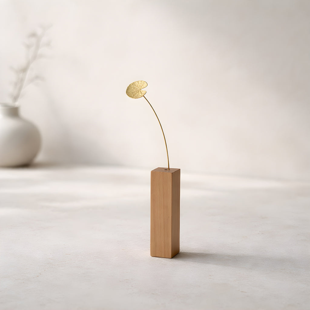 Brass Water Lily Leaf Mini Sculpture with Wooden Vase