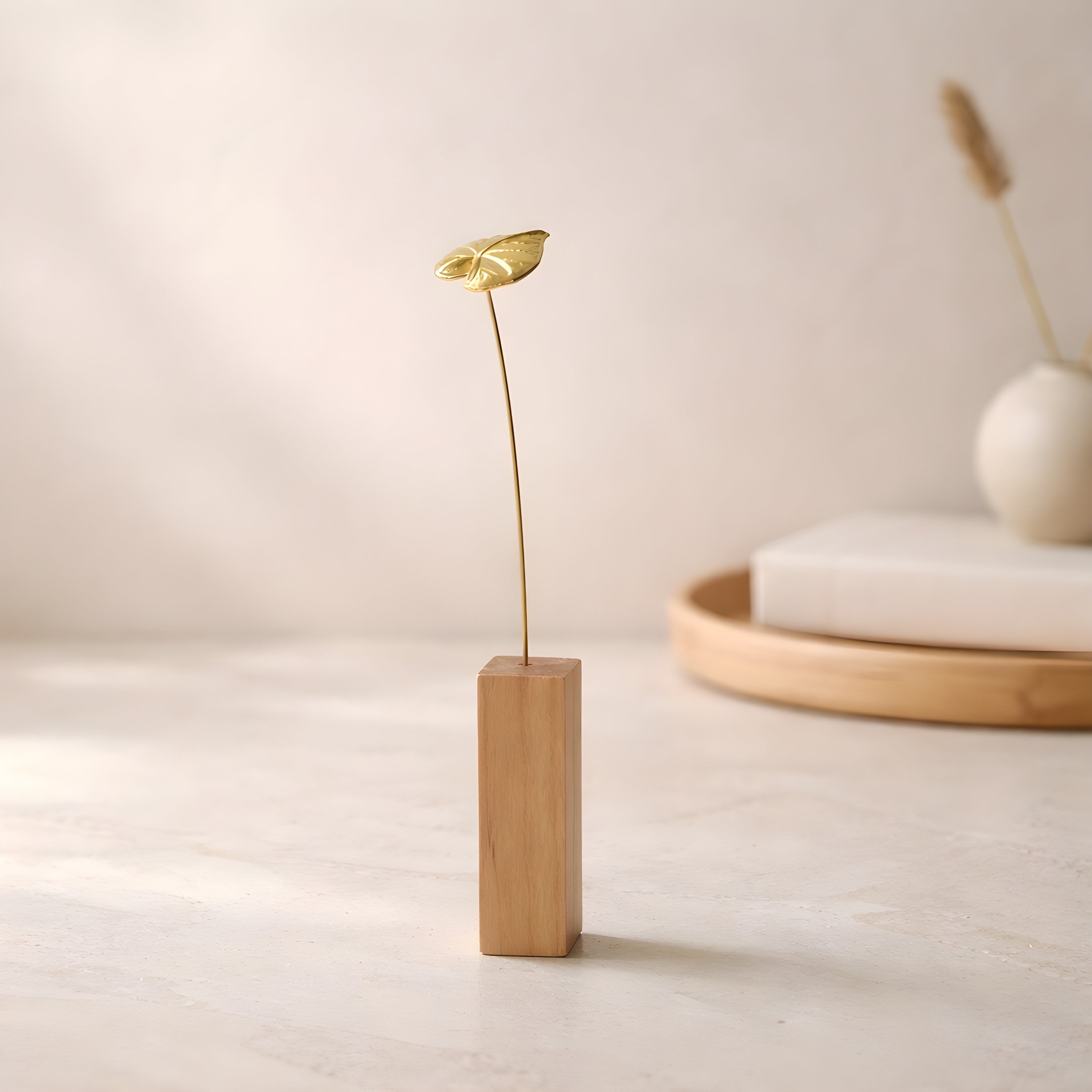 ハートリーフ水蓮モチーフ 真鍮ミニオブジェ｜選べる木製花瓶付き