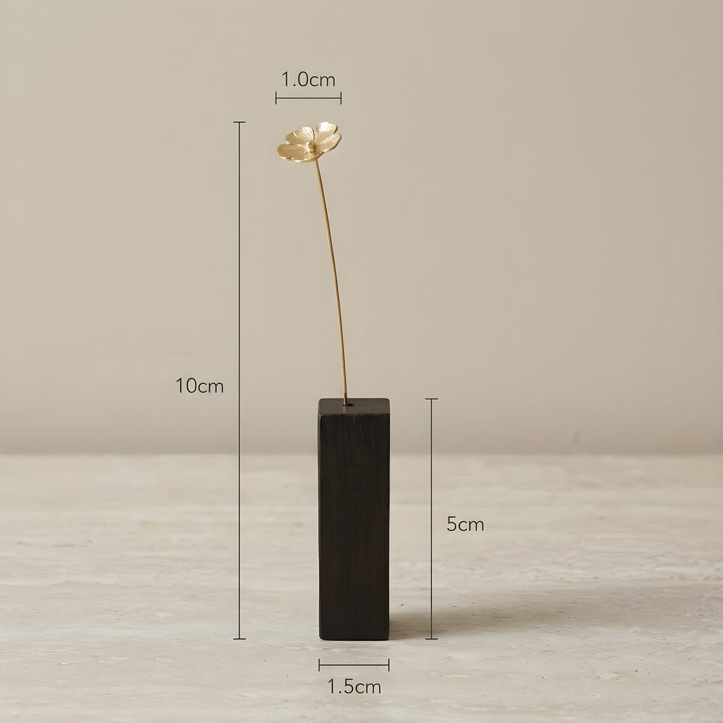 Mountain Sakura Motif Brass Mini Object with Wooden Vase